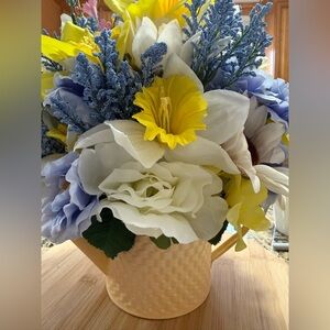 Charming Yellow and White Faux Floral Arrangement in Textured Vase